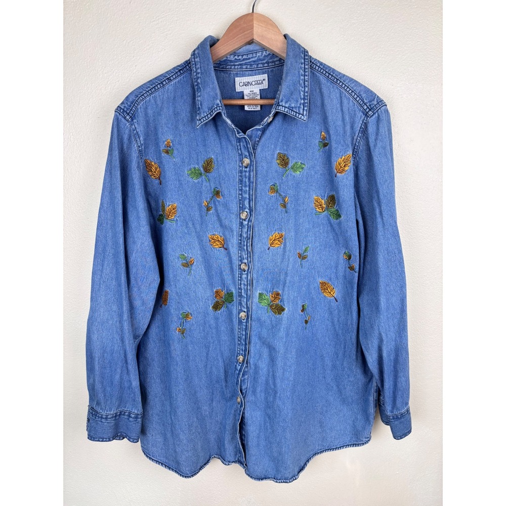 VTG Cabin Creek 16W Denim Shirt Embroidered Fall Leaves Boho Cottagecore Grandma